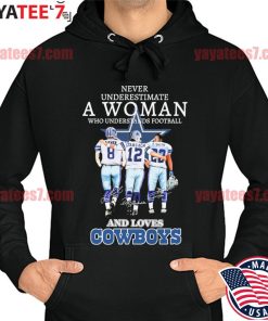 Never underestimate a woman who understands football and loves Cowboys  Emmitt Smith and Troy Aikman and Roger Staubach signatures shirt, hoodie,  sweater, long sleeve and tank top