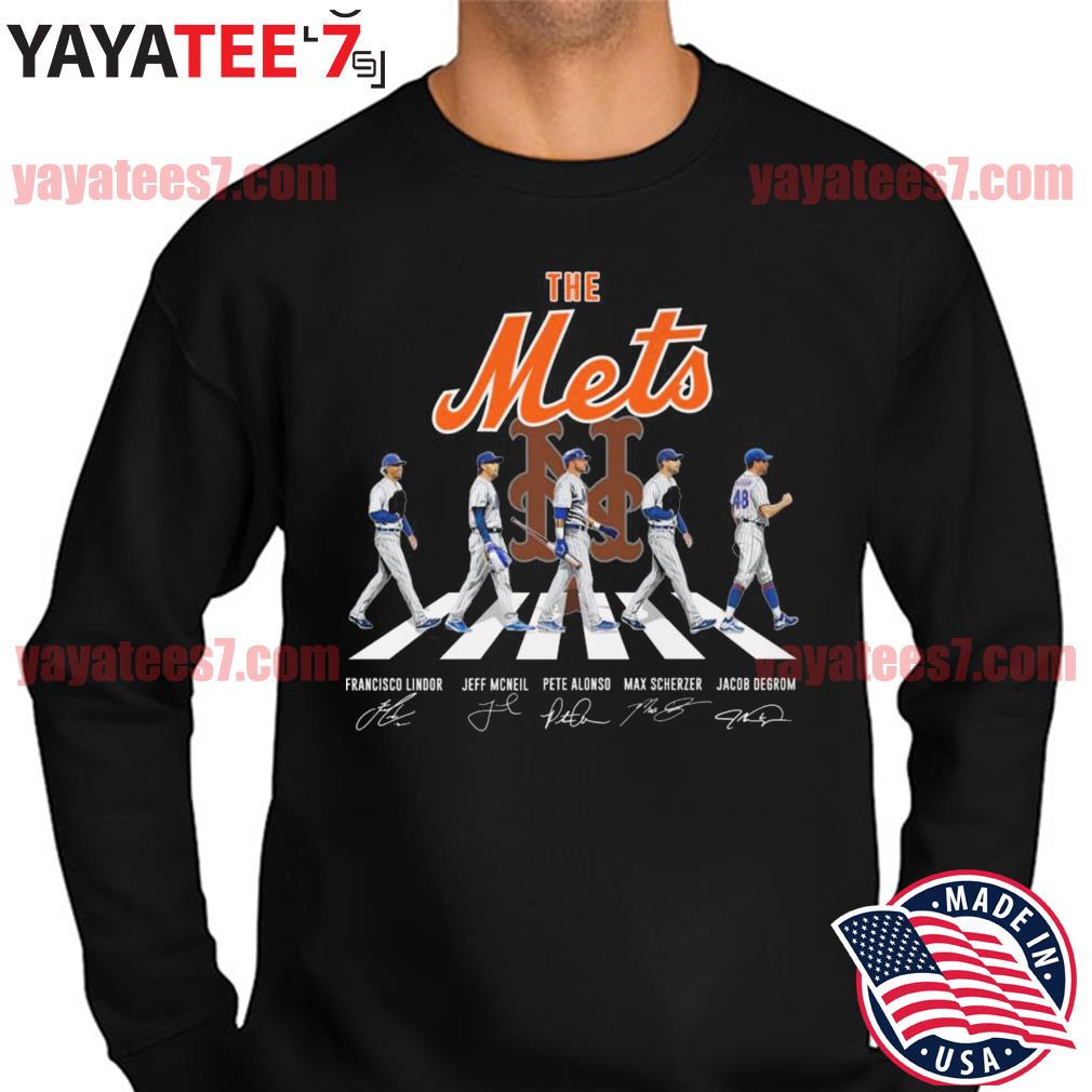 The Mets Francisco Lindor Jeff Mcneil Pete Alonso Max Scherzer Jacob Degrom  abbey road signatures shirt, hoodie, sweater, long sleeve and tank top
