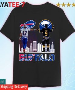 Buffalo city skyline, Josh Allen Bills and Jack Eichel Sabers signatures 2022 shirt