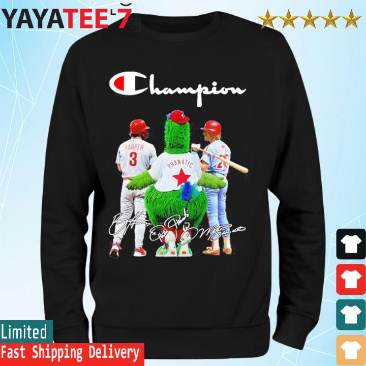 Champions Bryce Harper Phillie Phanatic and Mike Schmidt