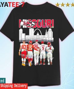 Kelce and Mahomes, Wainwright and Pujols and Molina Kansas City Chiefs And St Louis Cardinals Missouri City Skyline, Missouri City Skyline signatures shirt