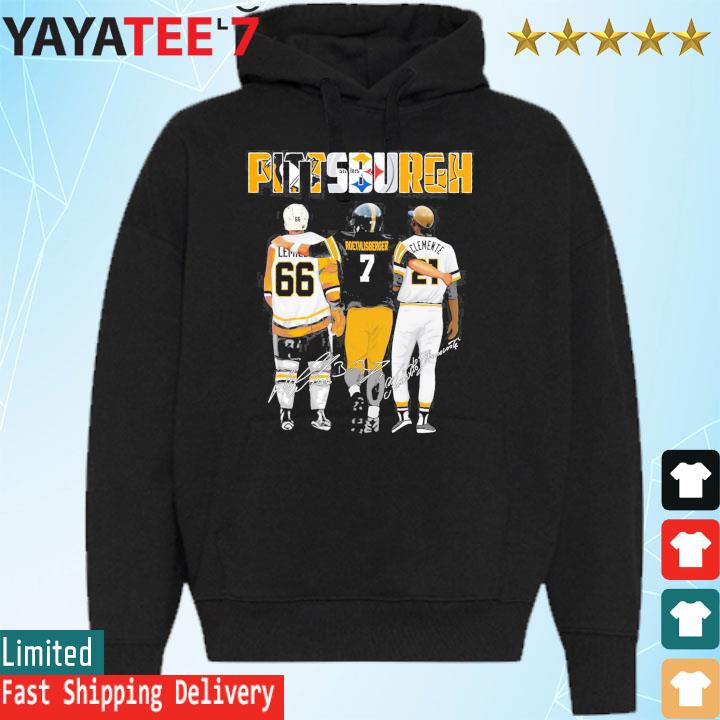 Legends of Pittsburgh city Pittsburgh Penguins Mario Lemieux Pittsburgh  Steelers Ben Roethlisberger Pittsburgh Pirates Roberto Clemente signature  shirt, hoodie, sweater, long sleeve and tank top