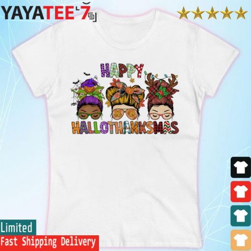 Girl With Messy Bun Happy Hallothanksmas 2022 gift s Women's T-shirt