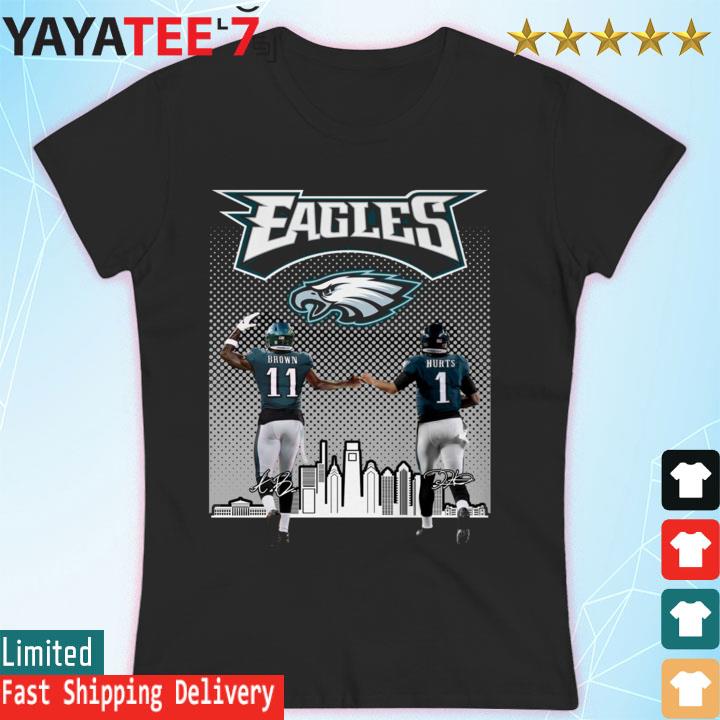 Official philadelphia eagles skyline 11 a.j.brown brown and 1 jalen hurts  2022 champions signatures T-shirt, hoodie, sweater, long sleeve and tank top