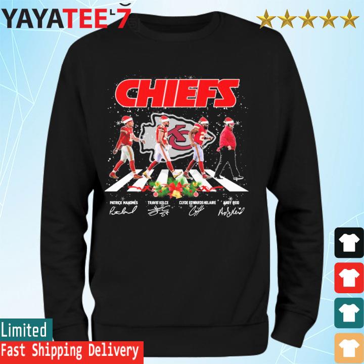 The Chiefs Patrick Mahomes Travis Kelce Clyde Edwards Helaire Andy Reid  abbey road signatures Merry Christmas shirt, hoodie, sweater, long sleeve  and tank top