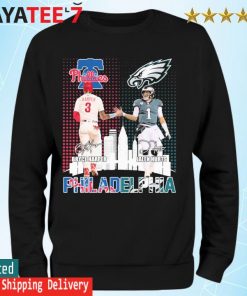 Philadelphia Phillies Philadelphia Eagles and Philadelphia 76ers Joel  Embiid Jalen Hurts and Bryce Harper signatures shirt, hoodie, longsleeve,  sweatshirt, v-neck tee