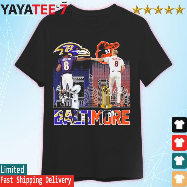 Baltimore city skyline, Lamar Jackson Ravens and Cal Ripken Jr Orioles signatures shirt