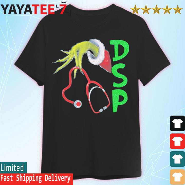 Grinch DSP Stethoscope holding merry christmas shirt