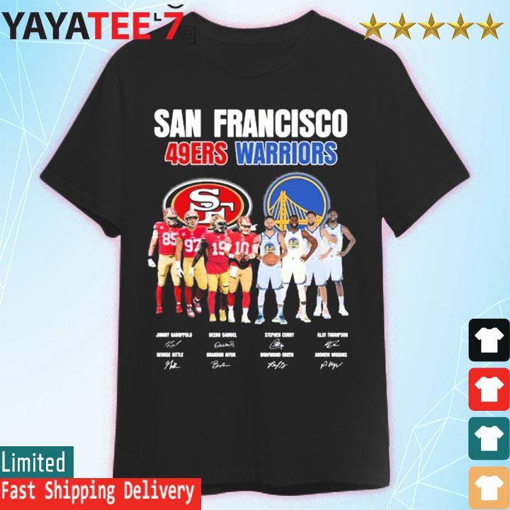 Official san francisco 49ers san francisco giants golden state warriors  logo curry montana posey legends of san francisco city signatures shirt,  hoodie, sweater, long sleeve and tank top