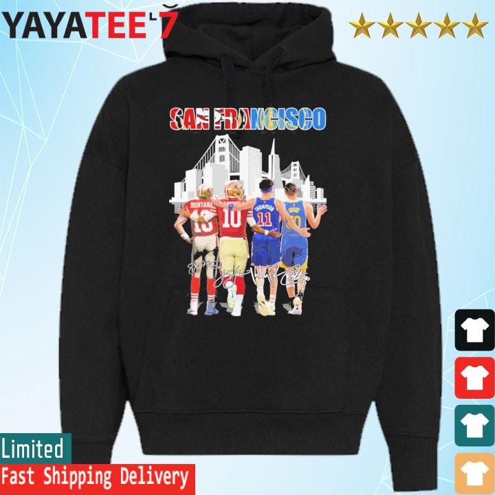 Joe Montana Jimmy Garoppolo Klay Thompson And Stephen Curry San Francisco  sports team skyline signatures shirt, hoodie, sweater, long sleeve and tank  top