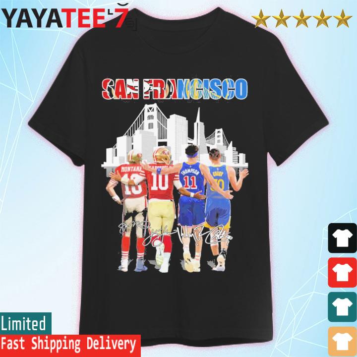 Joe Montana Jimmy Garoppolo Klay Thompson And Stephen Curry San Francisco  sports team skyline signatures shirt, hoodie, sweater, long sleeve and tank  top