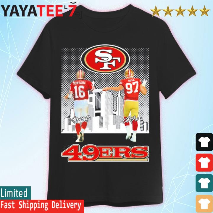 San Francisco 49ers Joe Montana and Nick Bosa city skyline