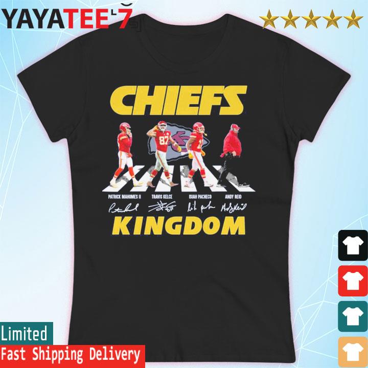 Chiefs kingdom Walking Abbey Road Patrick Mahomes Travis Kelce Isiah Pacheco  Andy Reid signatures shirt - Limotees