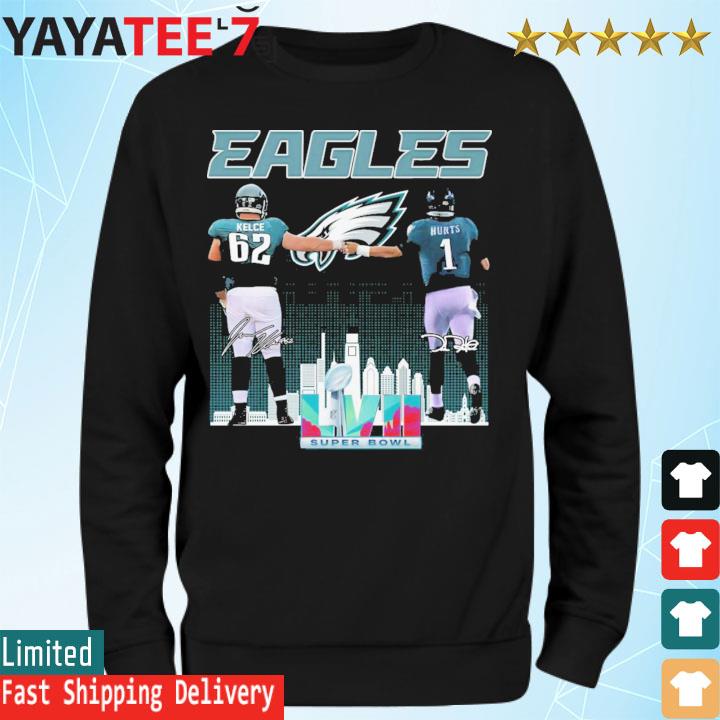 Eagles Jalen Hurts and Jason Kelce Super Bowl LVII Philadelphia city skyline signatures s Sweatshirt