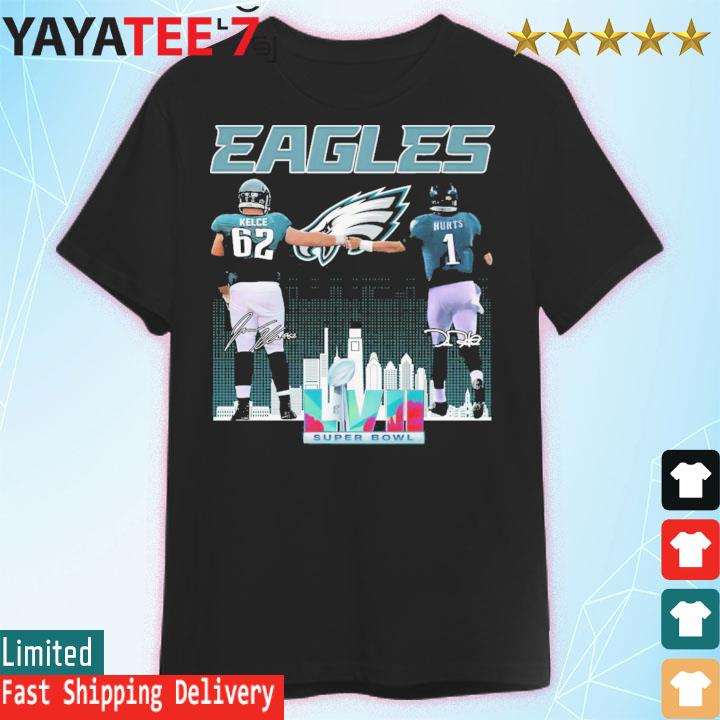 Eagles Jalen Hurts and Jason Kelce Super Bowl LVII Philadelphia city skyline signatures shirt