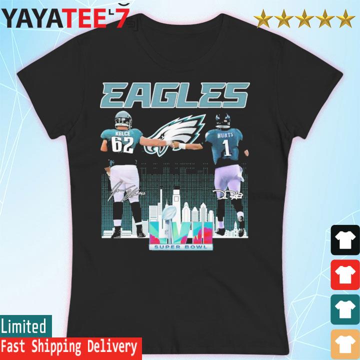 Eagles Jalen Hurts and Jason Kelce Super Bowl LVII Philadelphia city skyline signatures s Women's T-shirt