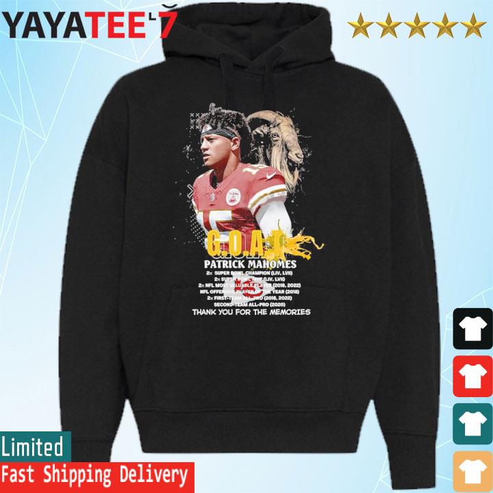 Patrick Mahomes GOAT 2x Super Bowl champions lIV LVII 2 x Super Bowl MVP  thank you for the memories signatures shirt, hoodie, sweater, long sleeve  and tank top