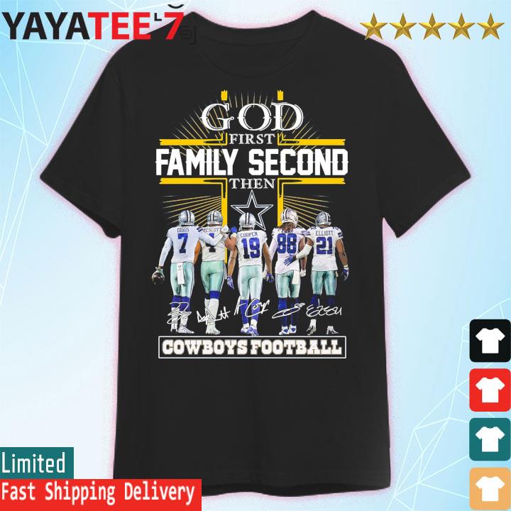 Official God first Family second then Dallas Cowboys E.Smith Staubach and R. White football signatures shirt - Limotees