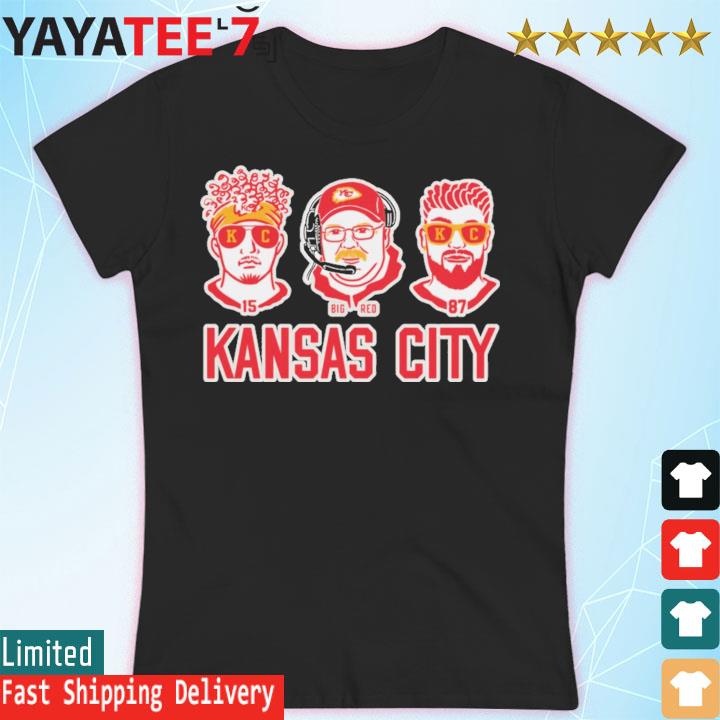 Kansas City football 15 Mahomes Big red coach 87 Kelce face shirt