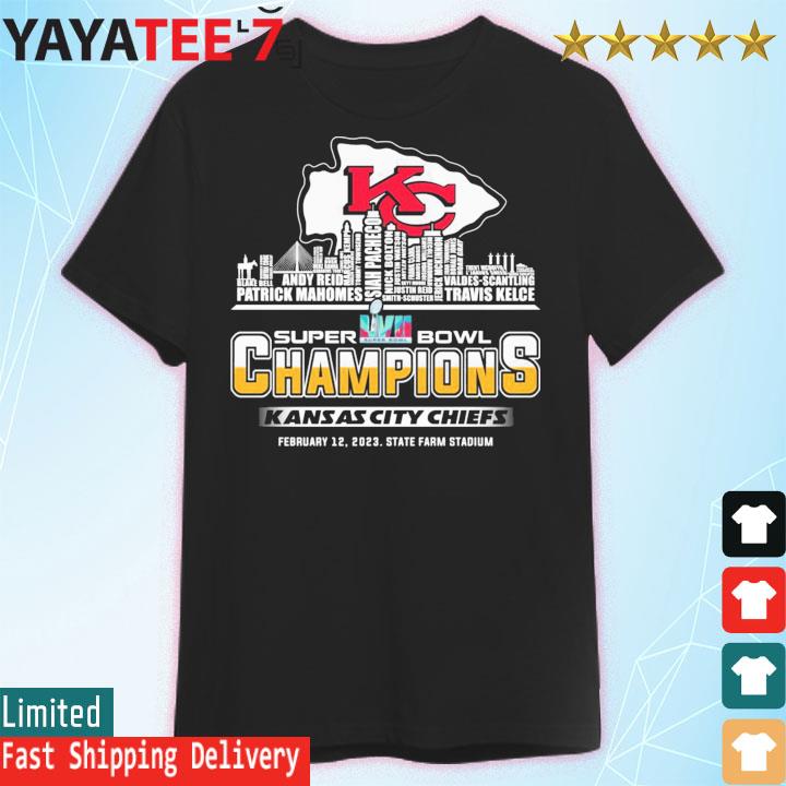 Offiical Kansas City Chiefs team name skyline Super Bowl Champions 2023 State Farm Stadium shirt
