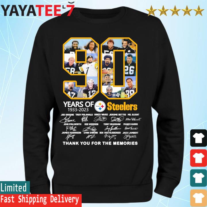 90 years of 1933-2023 Pittsburgh Steelers thank you for the memories  signatures shirt, hoodie, sweater, long sleeve and tank top