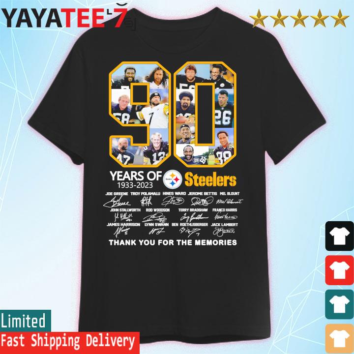 90 years of Steelers 1933-2023 thank you for the memories with signatures  shirt, hoodie, sweater, long sleeve and tank top