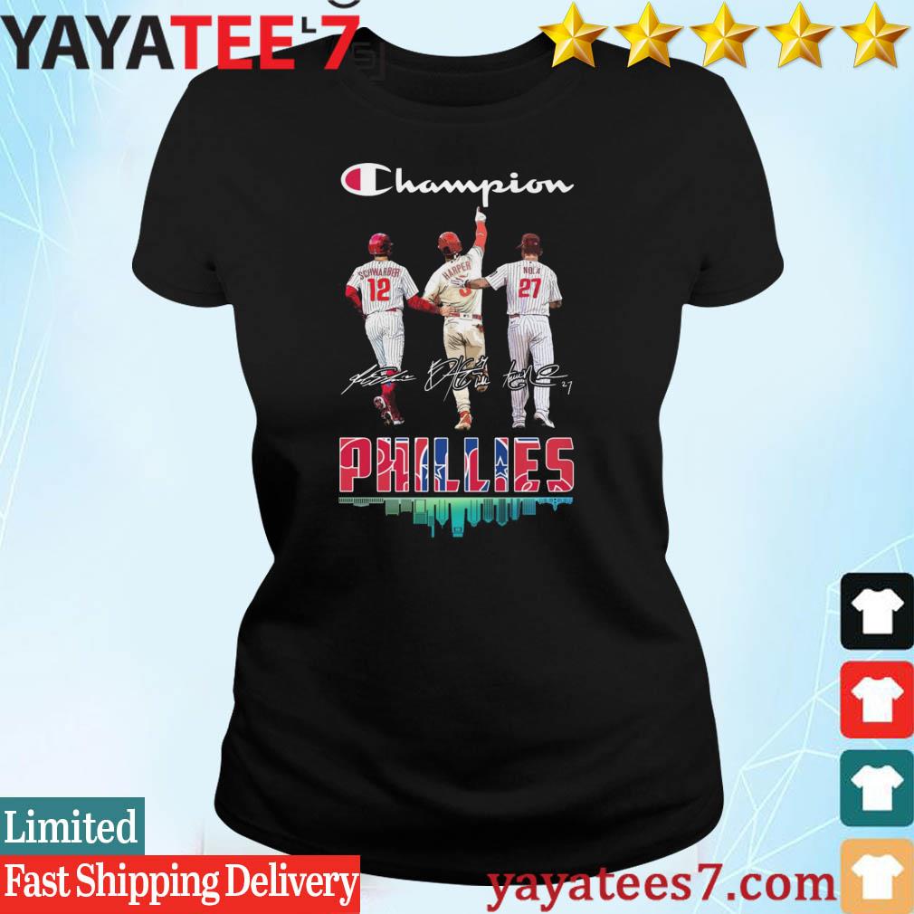 Champion Kyle Schwarber Bryce Harper And Aaron Nola Phillies city line  signature shirt, hoodie, sweater, long sleeve and tank top