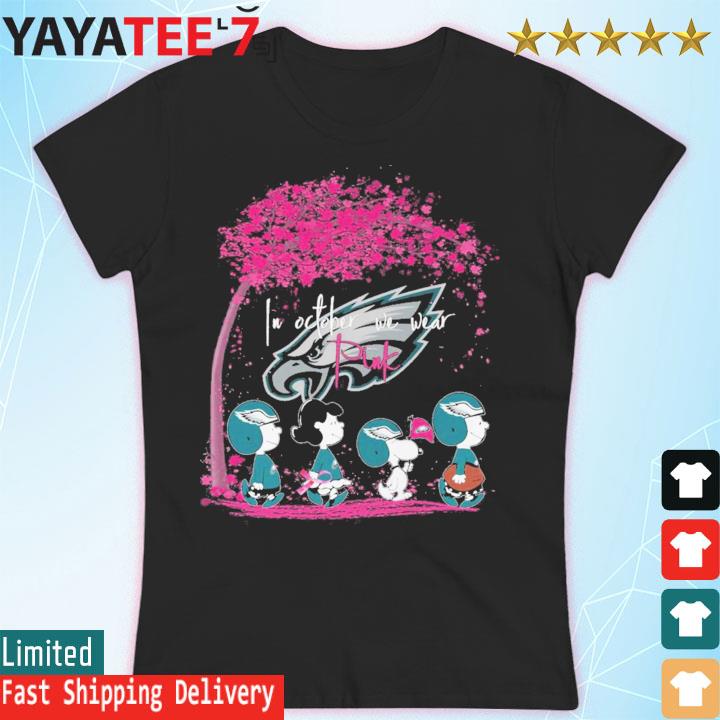 Philadelphia Eagles Peanut characters in october we wear pink 2023 t-shirt,  hoodie, sweater, long sleeve and tank top